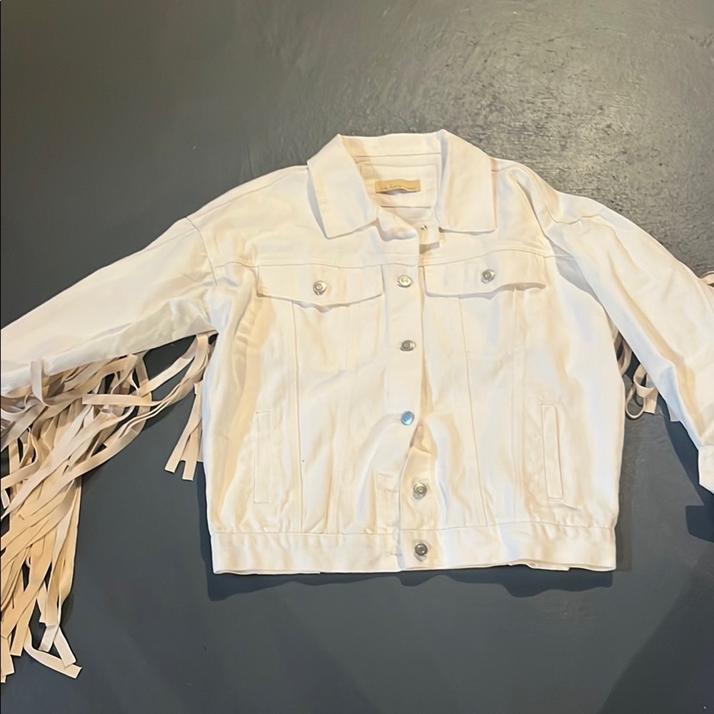 Oversized white denim fringe jacket
